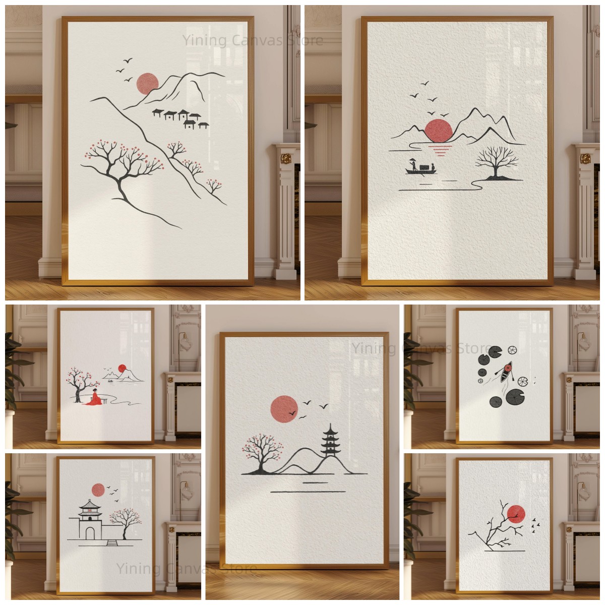 Japanese Zen Lifestyle - โปสเตอร์หมึกสไตล์มินิมอลแบบญี่ปุ่น, ภาพเส้นศิลปะกิ่งไม้พระอาทิตย์สีแดงพร้อมนก, ภาพพิมพ์ศิลปะติดผนังแบบญี่ปุ่น วาบิ ซาบิ เจปันดี,