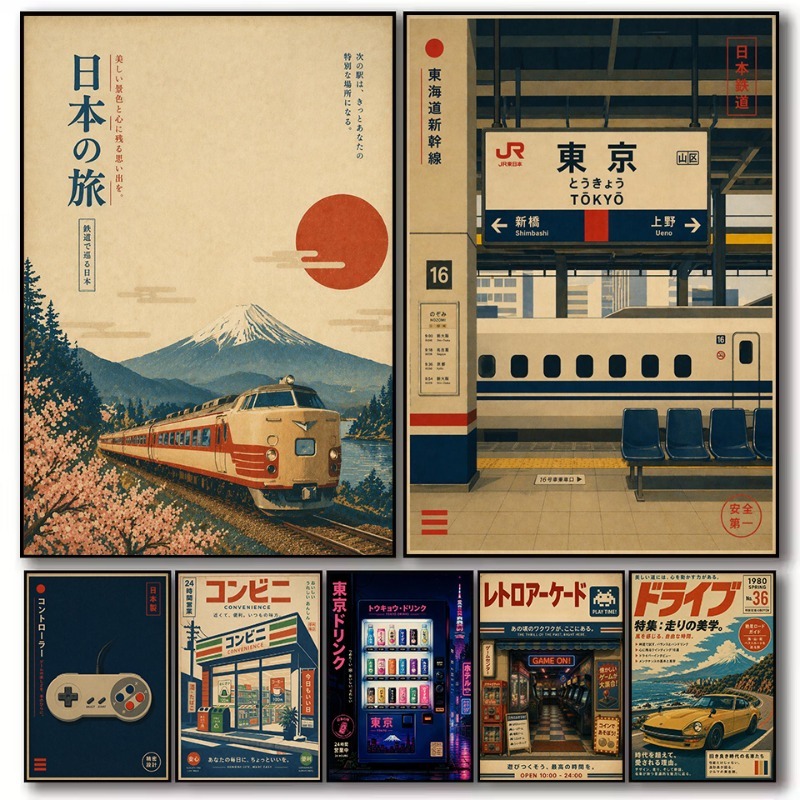 Japanese Car Lifestyle - วินเทจญี่ปุ่นแบบดั้งเดิมร้านค้าสถานีรถไฟเกมอาร์เคดโปสเตอร์ภาพวาดบนผ้าใบภาพศิลปะติดผนังตกแต่งบ้านห้องนอน