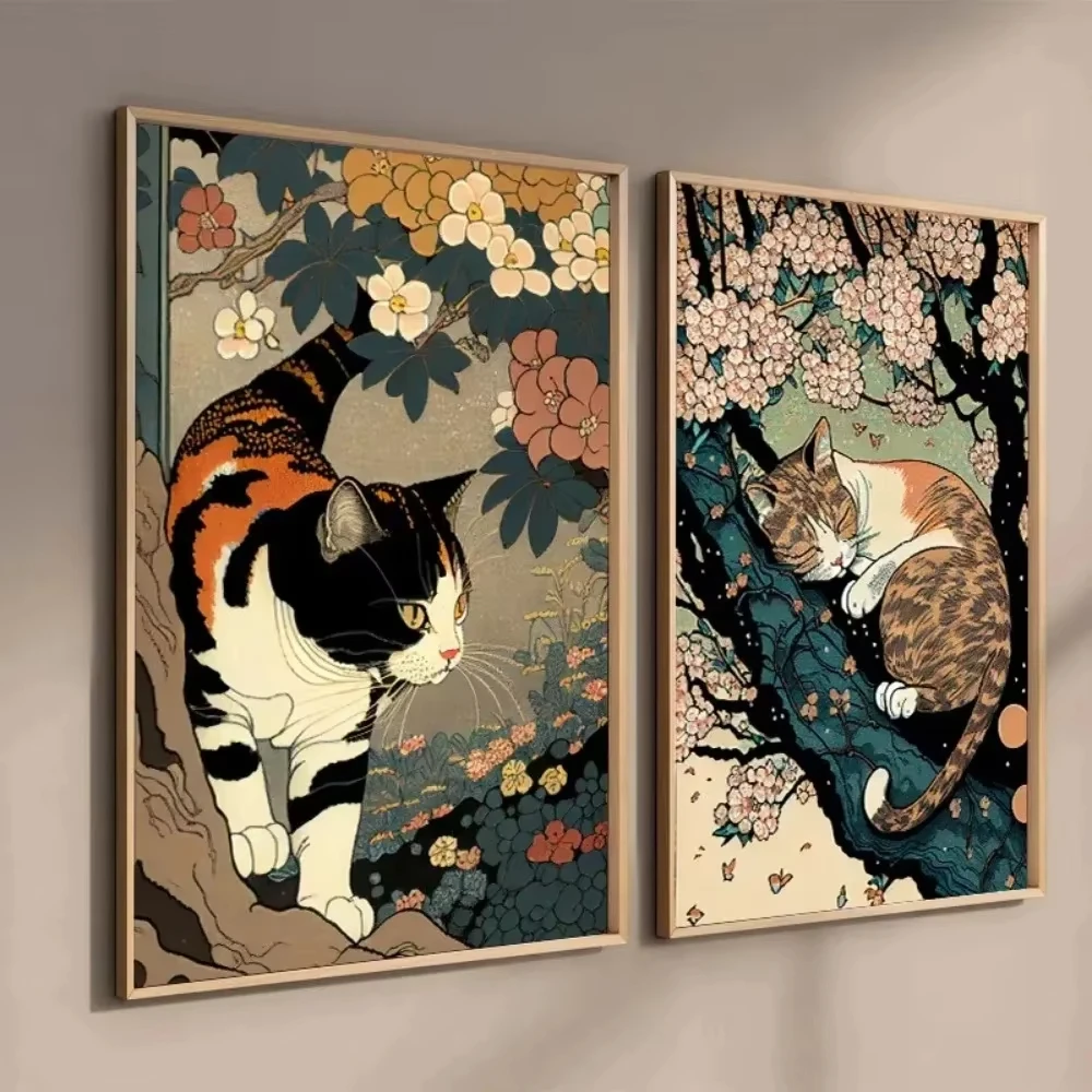 Japanese Lifestyle Movie - ภาพวาดสีน้ํามันโดยชุดตัวเลขญี่ปุ่น ukiyo-e สไตล์ retro sleeping cat